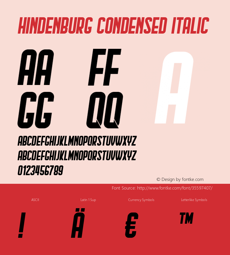 Hindenburg Condensed Italic Version 1.000 Font Sample