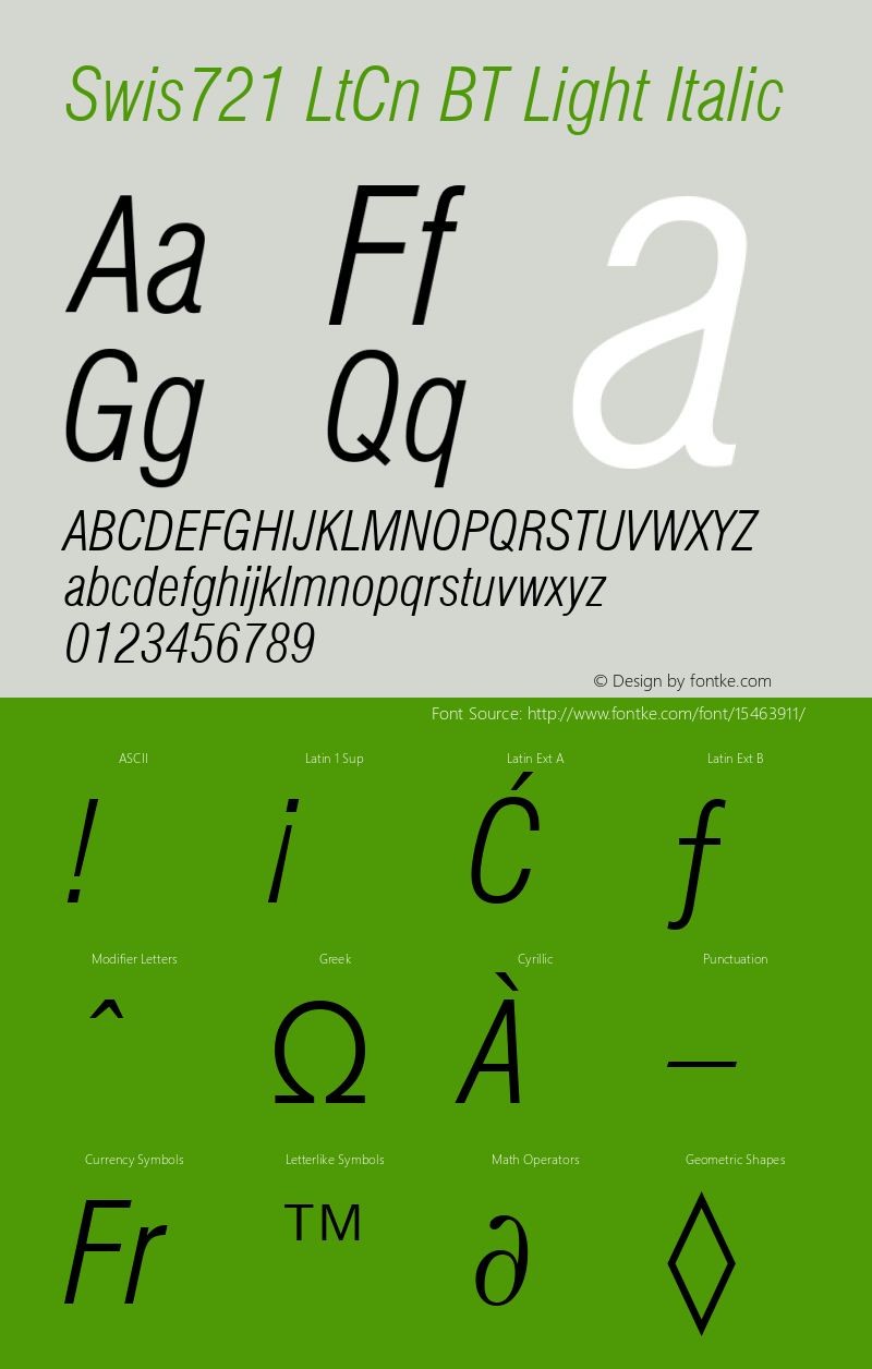 Swis721 LtCn BT Light Italic mfgpctt-v1.52 Tuesday, January 12, 1993 4:09:00 pm (EST) Font Sample