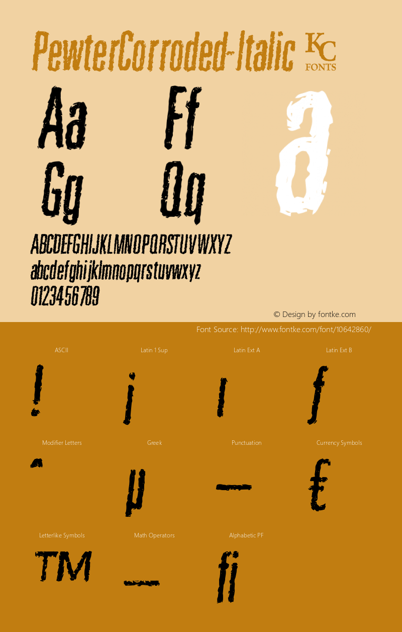 PewterCorroded-Italic ☞ Version 1.000;com.myfonts.kcfonts.pewter.corroded-italic.wfkit2.3Pgv Font Sample