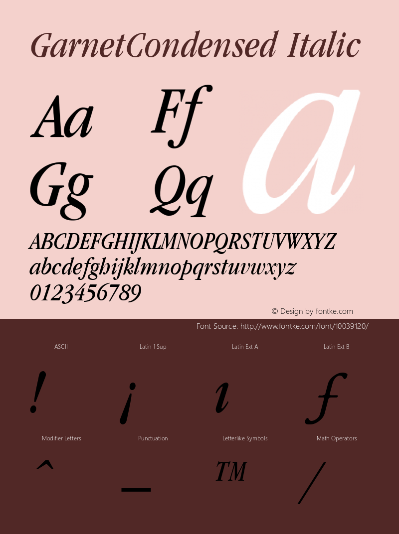 GarnetCondensed Italic The IMSI MasterFonts Collection, tm 1995 IMSI Font Sample