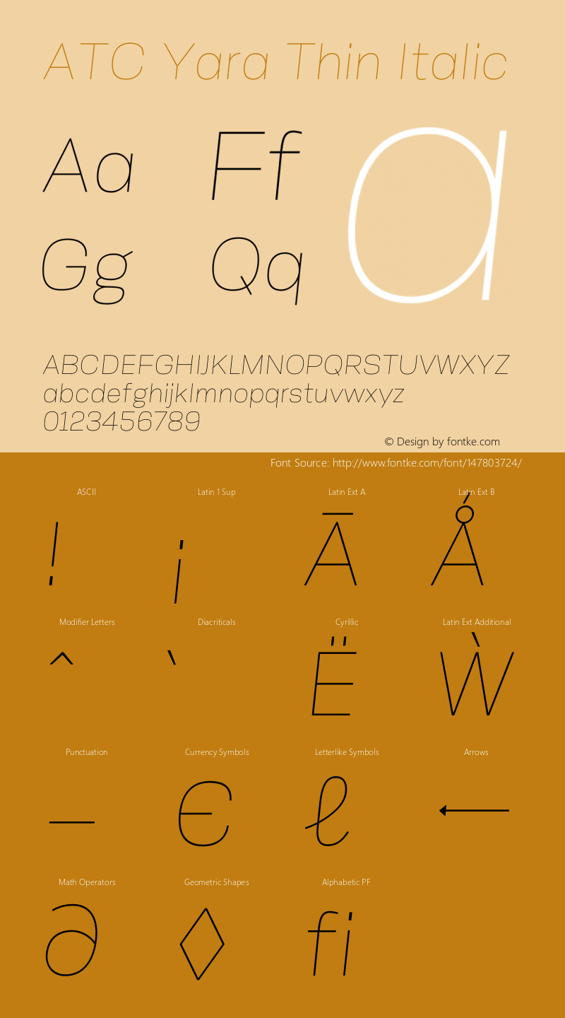 ATCYara-ThinItalic Version 1.002;PS 001.002;hotconv 1.0.88;makeotf.lib2.5.64775 Font Sample