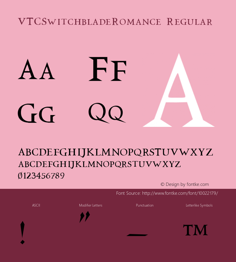 VTCSwitchbladeRomance Regular 1999; 1.0, initial release Font Sample