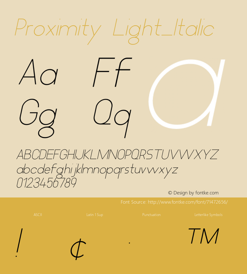 Proximity Light_Italic Version 1.000 Font Sample