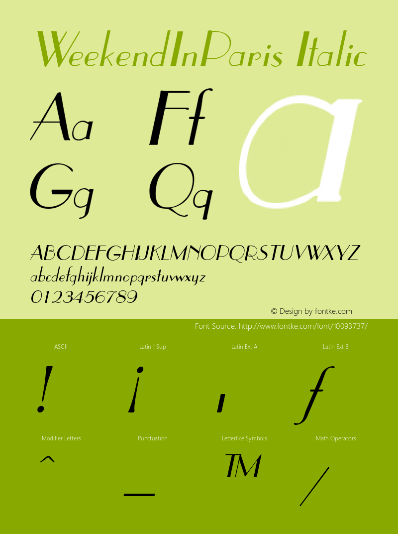 WeekendInParis Italic The IMSI MasterFonts Collection, tm 1995, 1996 IMSI (International Microcomputer Software Inc.) Font Sample