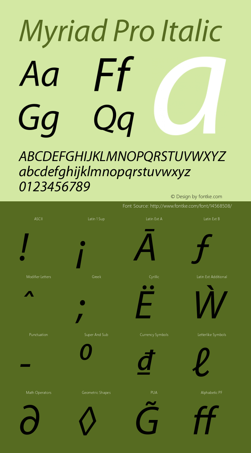 Myriad Pro Italic Version 2.037;PS 2.000;hotconv 1.0.51;makeotf.lib2.0.18671 Font Sample