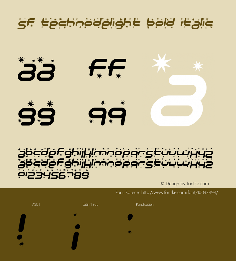 SF Technodelight Bold Italic ver 1.0; 1999. Freeware for non-commercial use. Font Sample