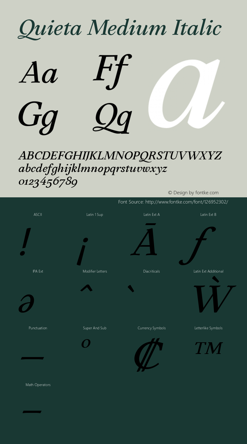 Quieta Medium Italic Version 1.000;hotconv 1.0.109;makeotfexe 2.5.65596 Font Sample