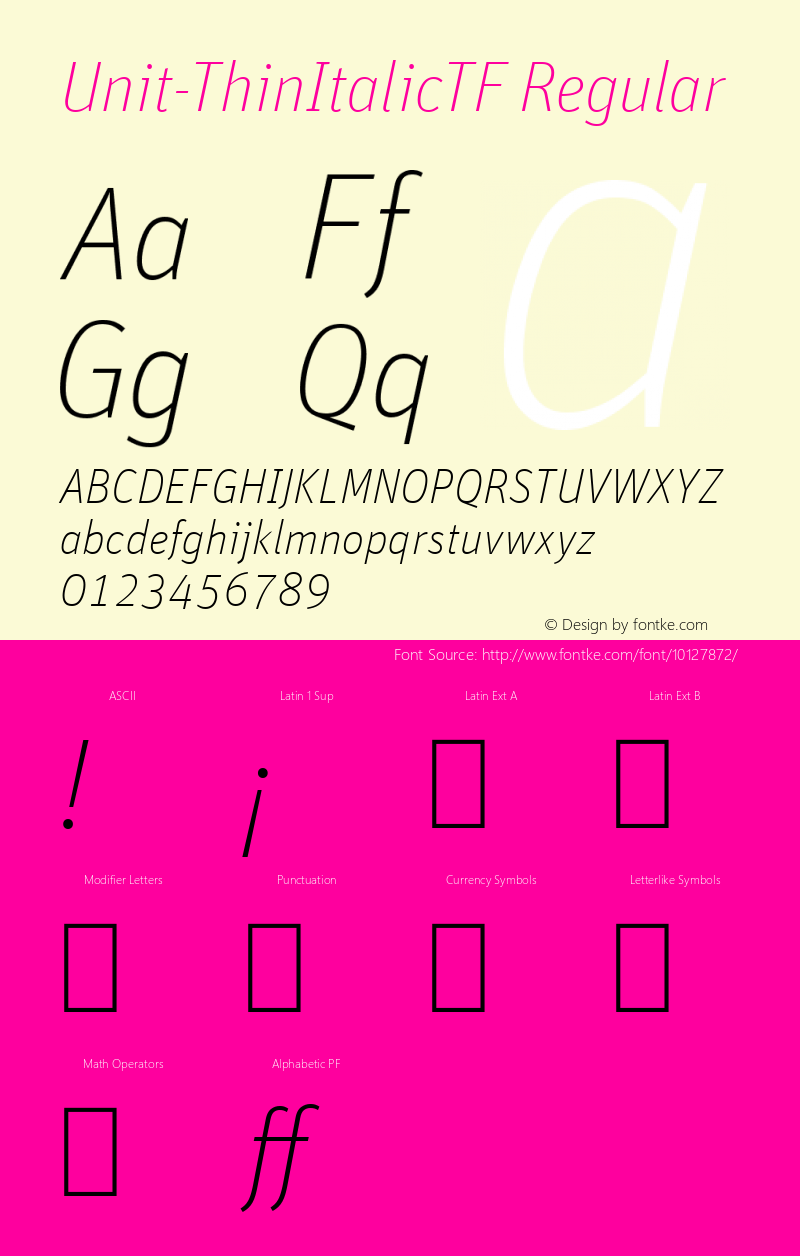 Unit-ThinItalicTF Regular Version 4.460 2004 Font Sample