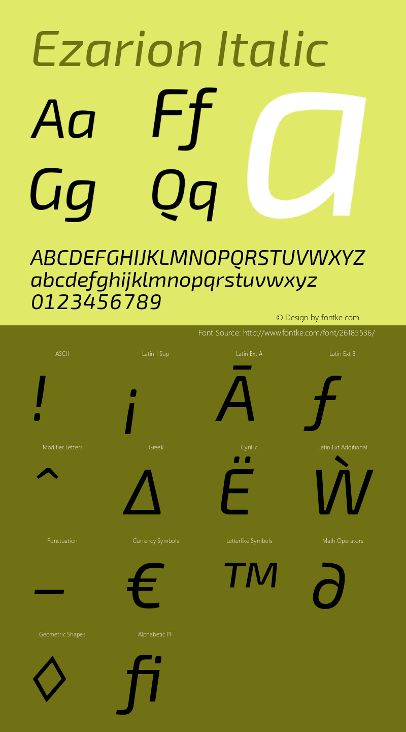 Ezarion Italic Version 1.001;PS 001.001;hotconv 1.0.70;makeotf.lib2.5.58329; ttfautohint (v1.8.1) Font Sample