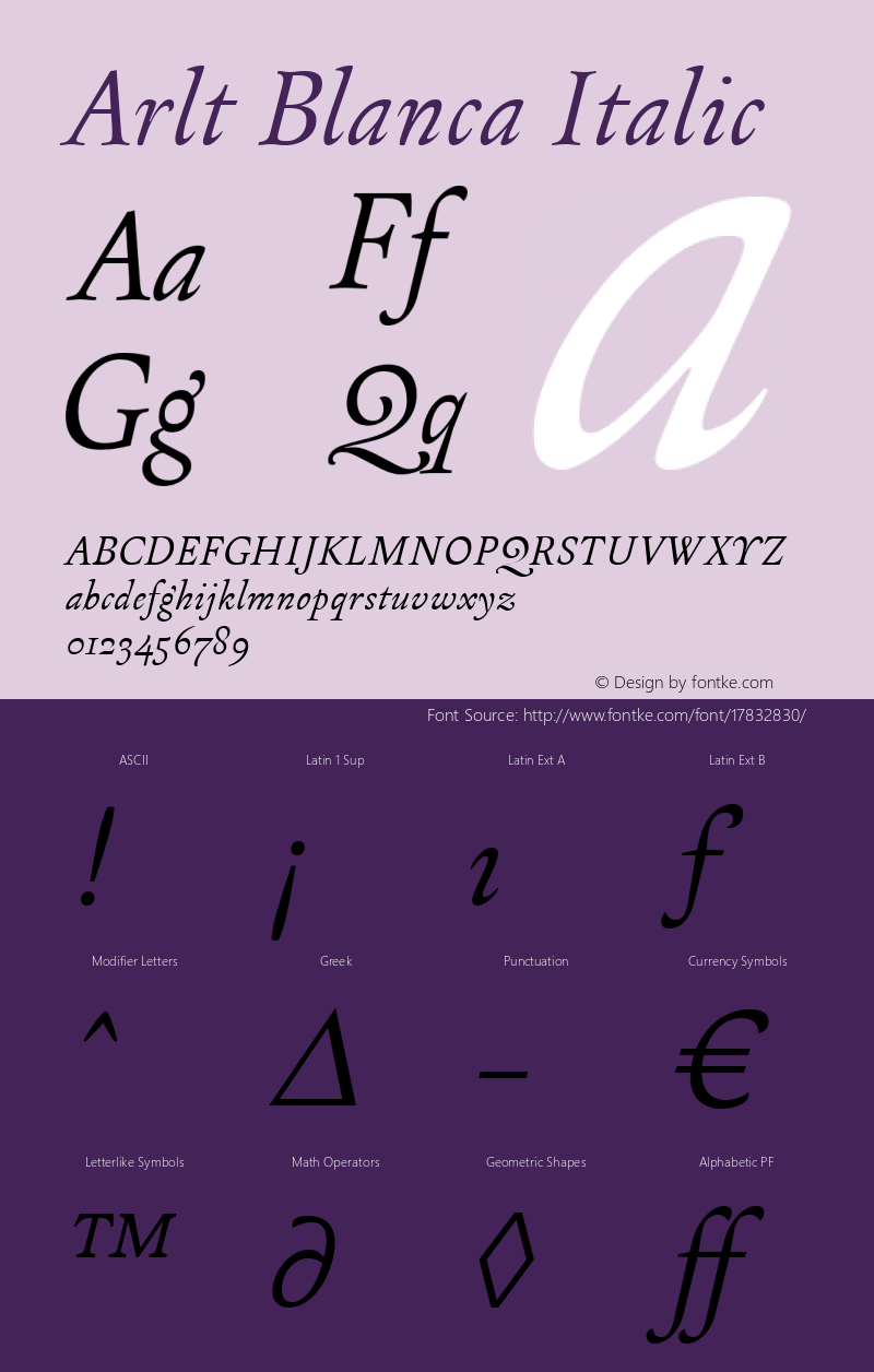 Arlt Blanca Italic Version 1.000 2007 initial release Font Sample