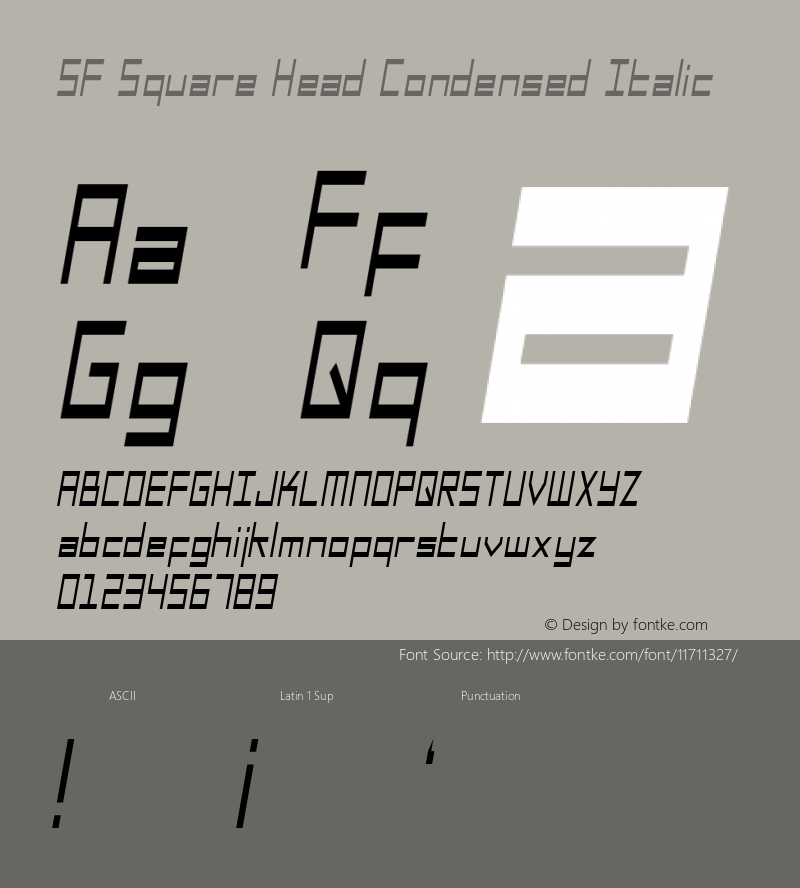SF Square Head Condensed Italic Version ver 1.0; 1999. Freew Font Sample