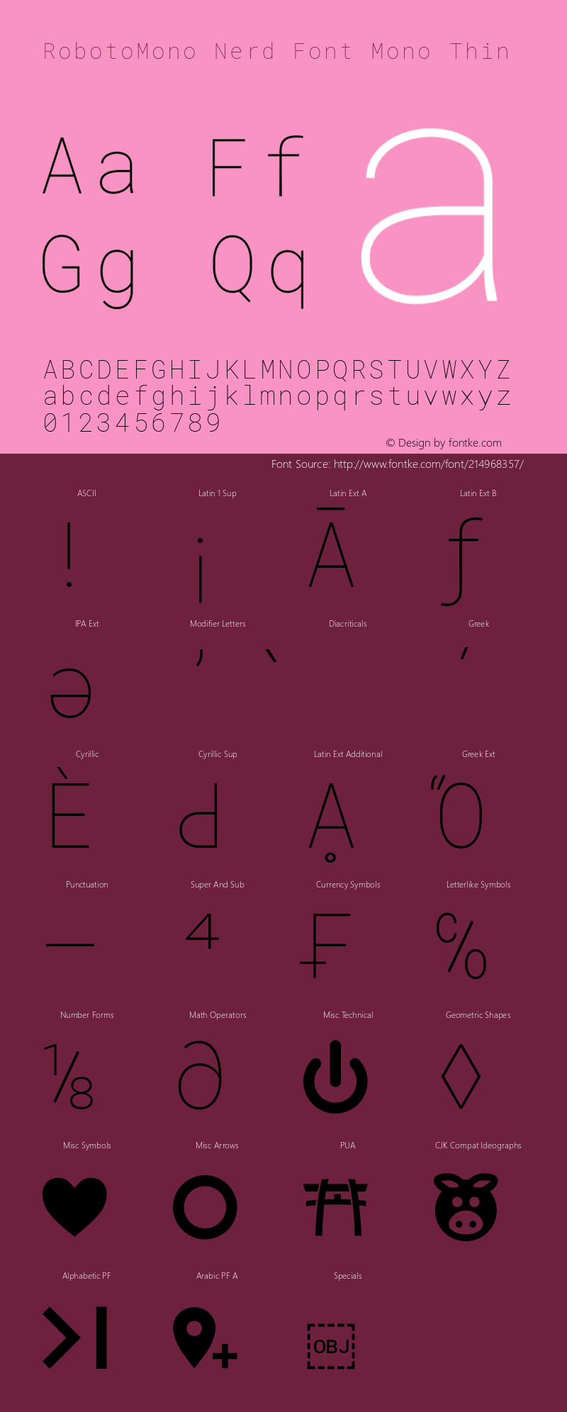 Roboto Mono Thin Nerd Font Complete Mono Version 2.000986; 2015; ttfautohint (v1.3);Nerd Fonts 2.1.0图片样张