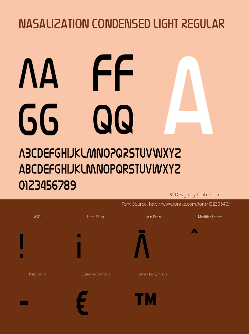 Nasalization Condensed Light Regular Version 3.001 2004 Font Sample