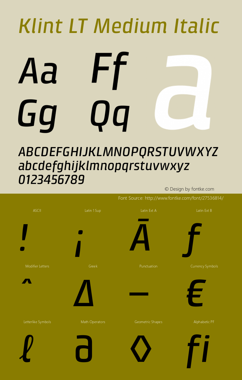 KlintLT-MediumItalic Version 1.001 Font Sample