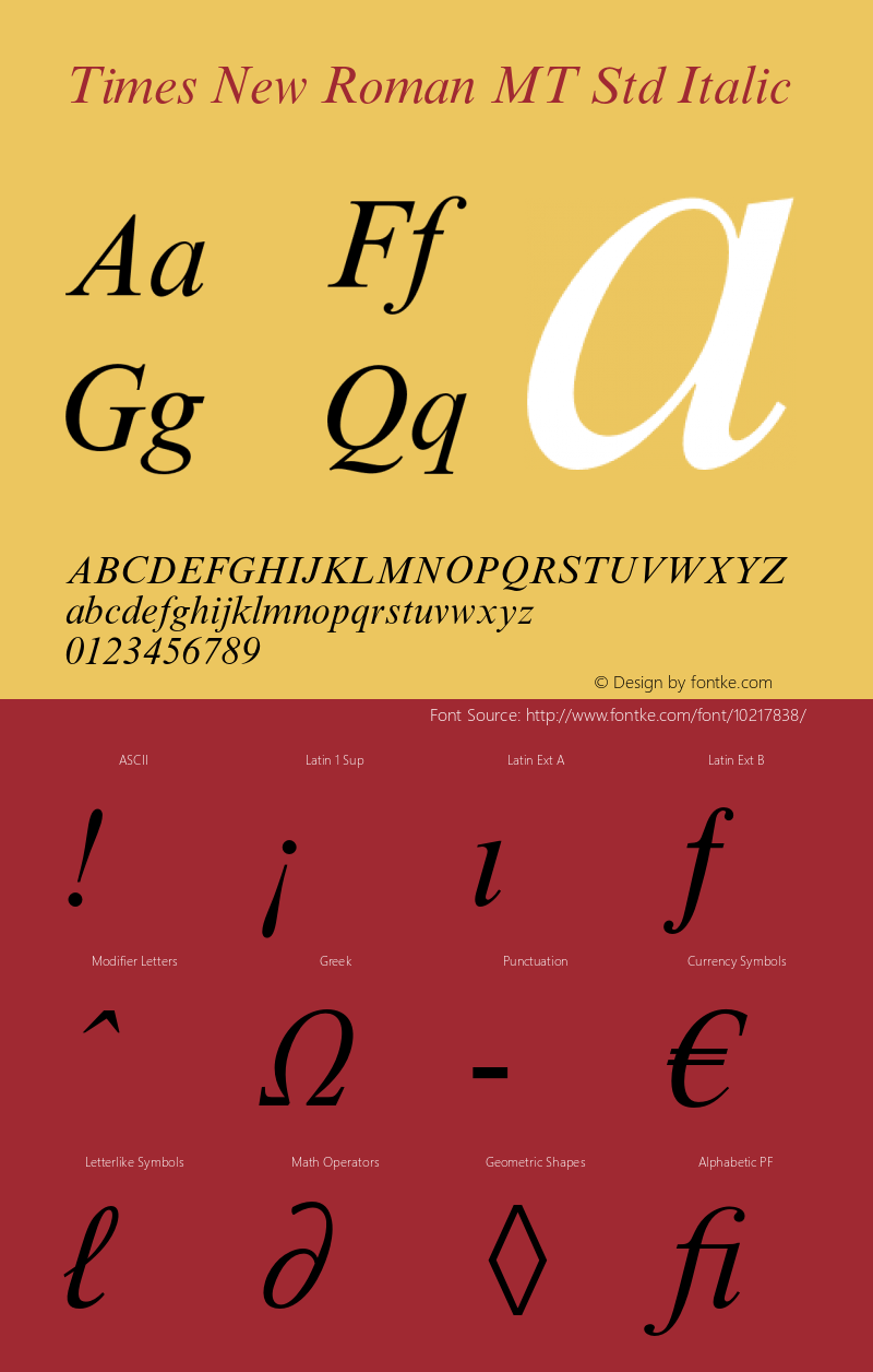 Times New Roman MT Std Italic Version 2.020;PS 002.000;hotconv 1.0.50;makeotf.lib2.0.16970 Font Sample