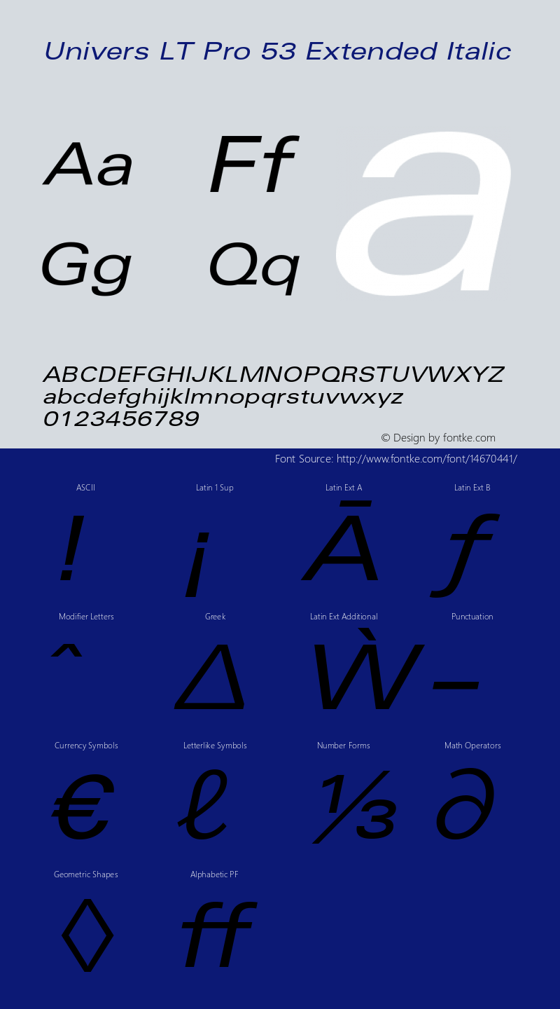 Univers LT Pro 53 Extended Italic Version 1.00 Build 1000 Font Sample