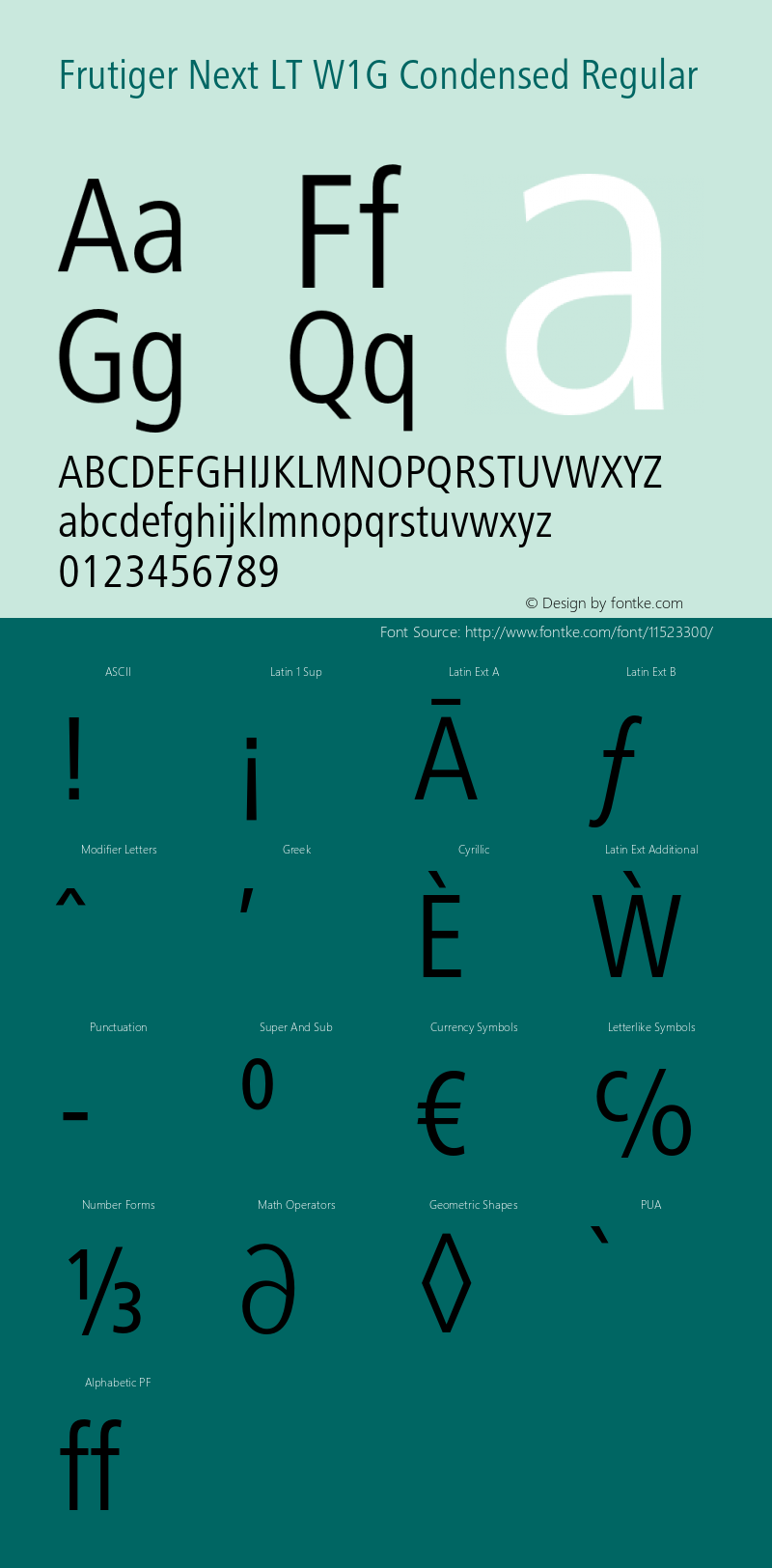 Frutiger Next LT W1G Condensed Regular Version 1.00 Font Sample