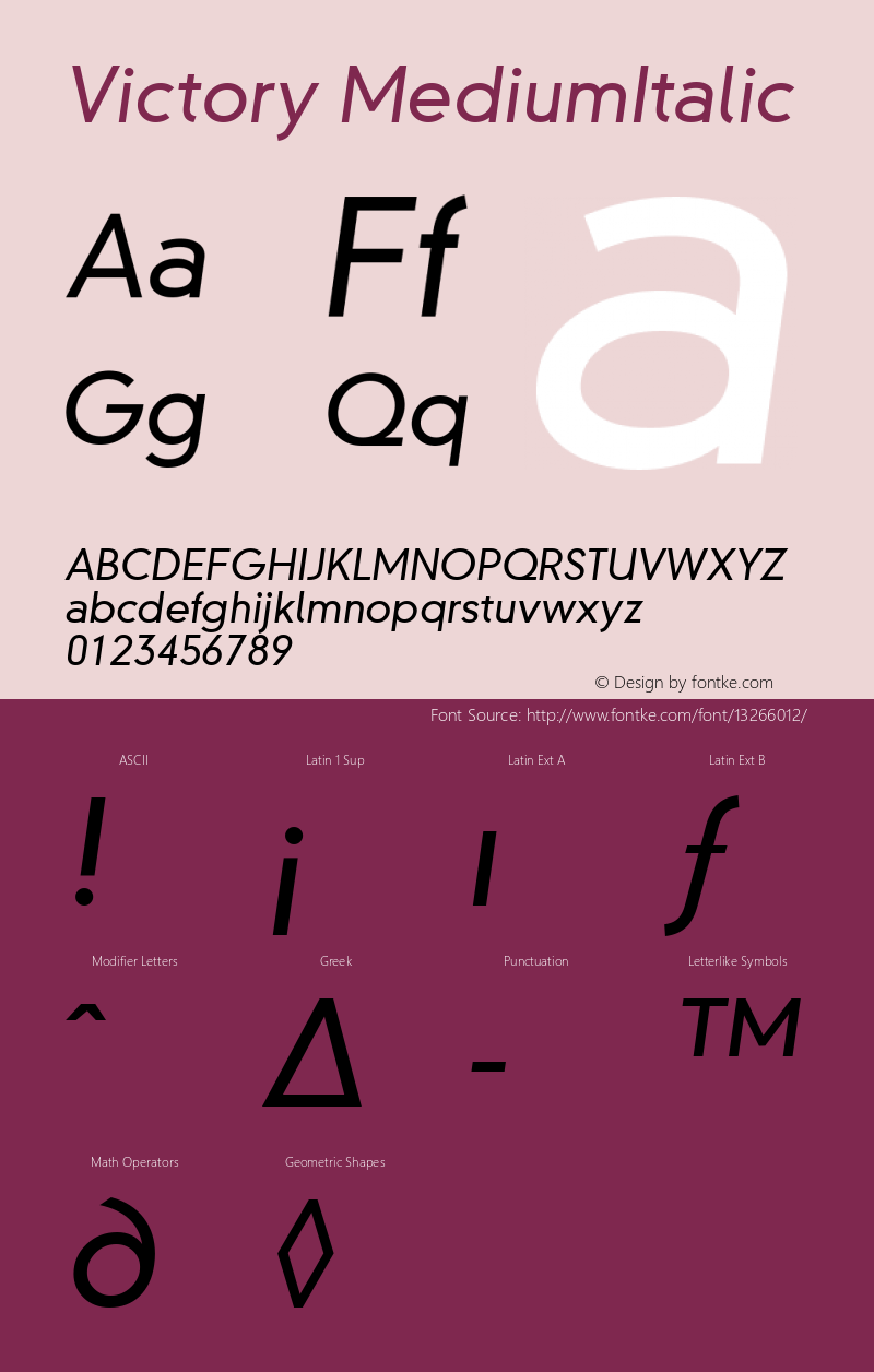 Victory MediumItalic Macromedia Fontographer 4.1.4 7/15/02 Font Sample