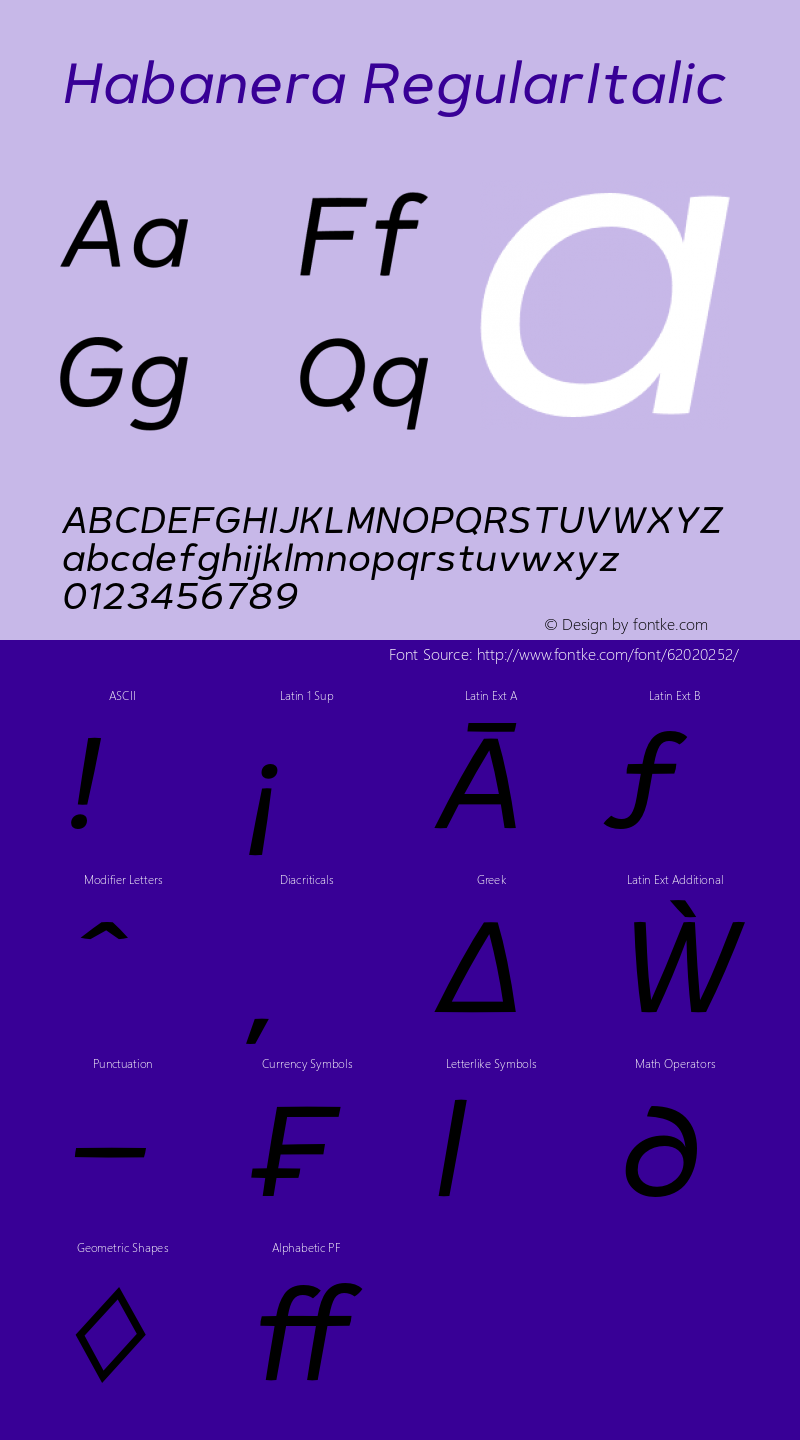 Habanera-RegularItalic Version 1.001 Font Sample