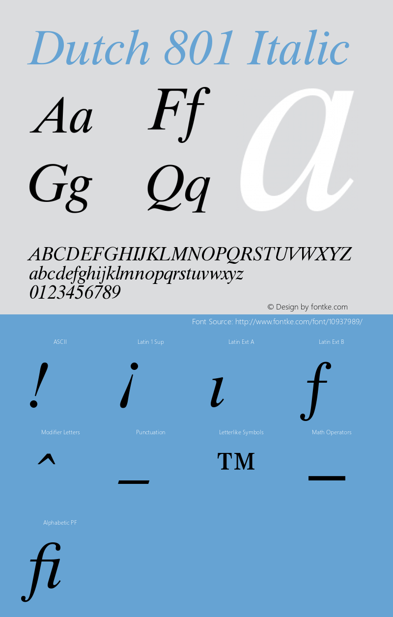 Dutch 801 Italic Version 003.001 Font Sample