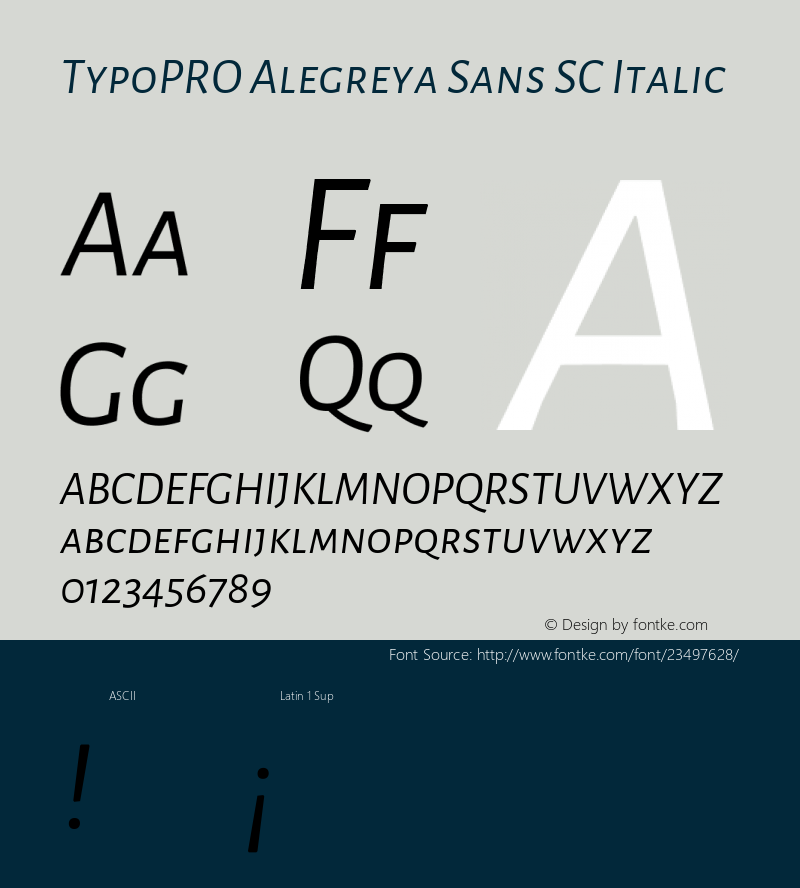 TypoPRO Alegreya Sans SC Italic Version 1.001;PS 001.001;hotconv 1.0.70;makeotf.lib2.5.58329 DEVELOPMENT; ttfautohint (v0.97) -l 8 -r 50 -G 200 -x 17 -f dflt -w G -W Font Sample