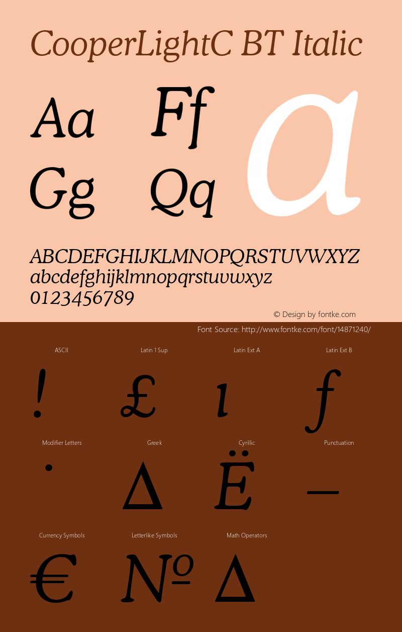 CooperLightC BT Italic Version 001.000 Font Sample