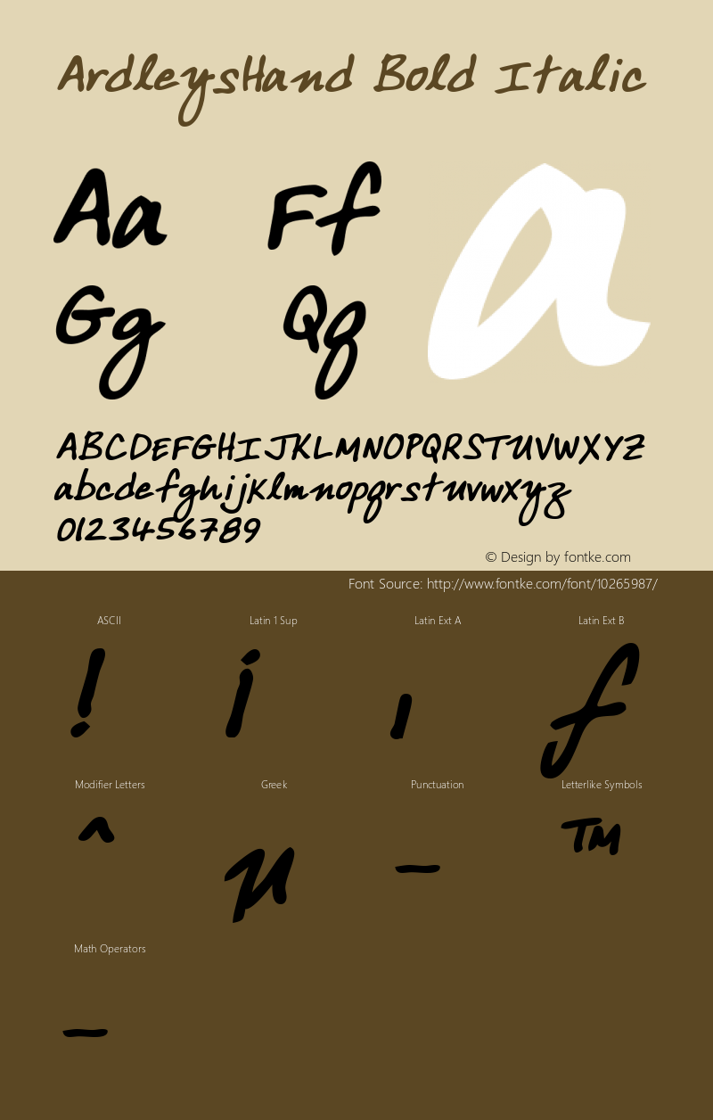 ArdleysHand Bold Italic WSI: 1/10/98 Font Sample