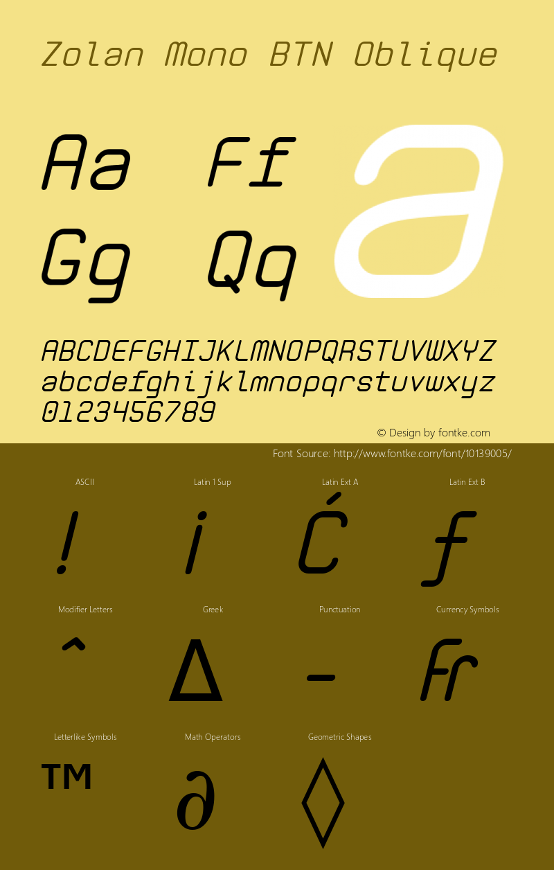 Zolan Mono BTN Oblique Version 1.00 Font Sample