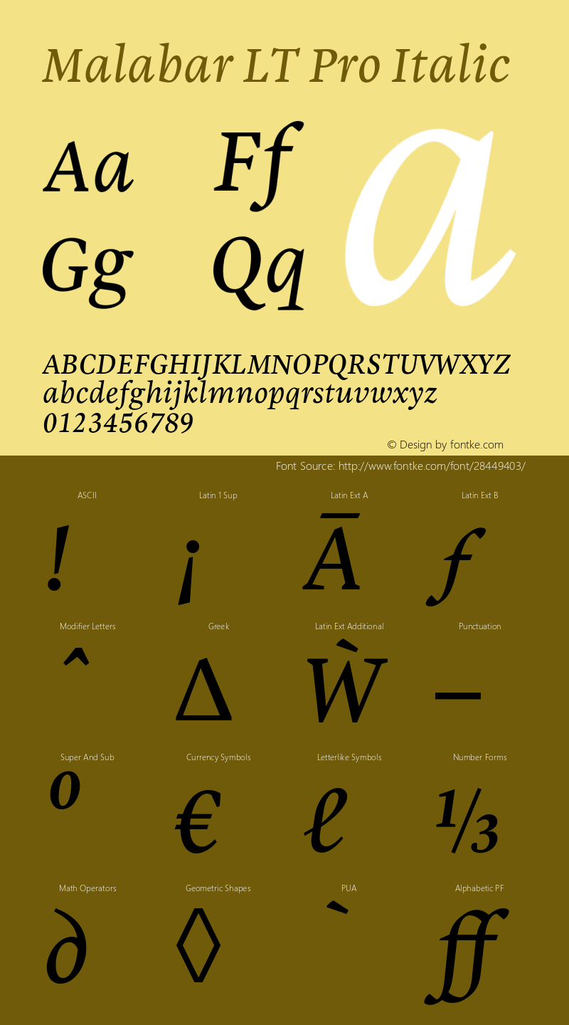 MalabarLTPro-Italic Version 1.00 Font Sample