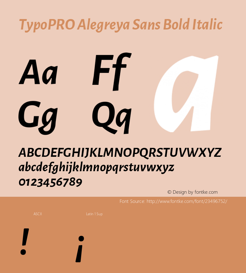 TypoPRO Alegreya Sans Bold Italic Version 1.001;PS 001.001;hotconv 1.0.70;makeotf.lib2.5.58329 DEVELOPMENT; ttfautohint (v0.97) -l 8 -r 50 -G 200 -x 17 -f dflt -w G -W Font Sample