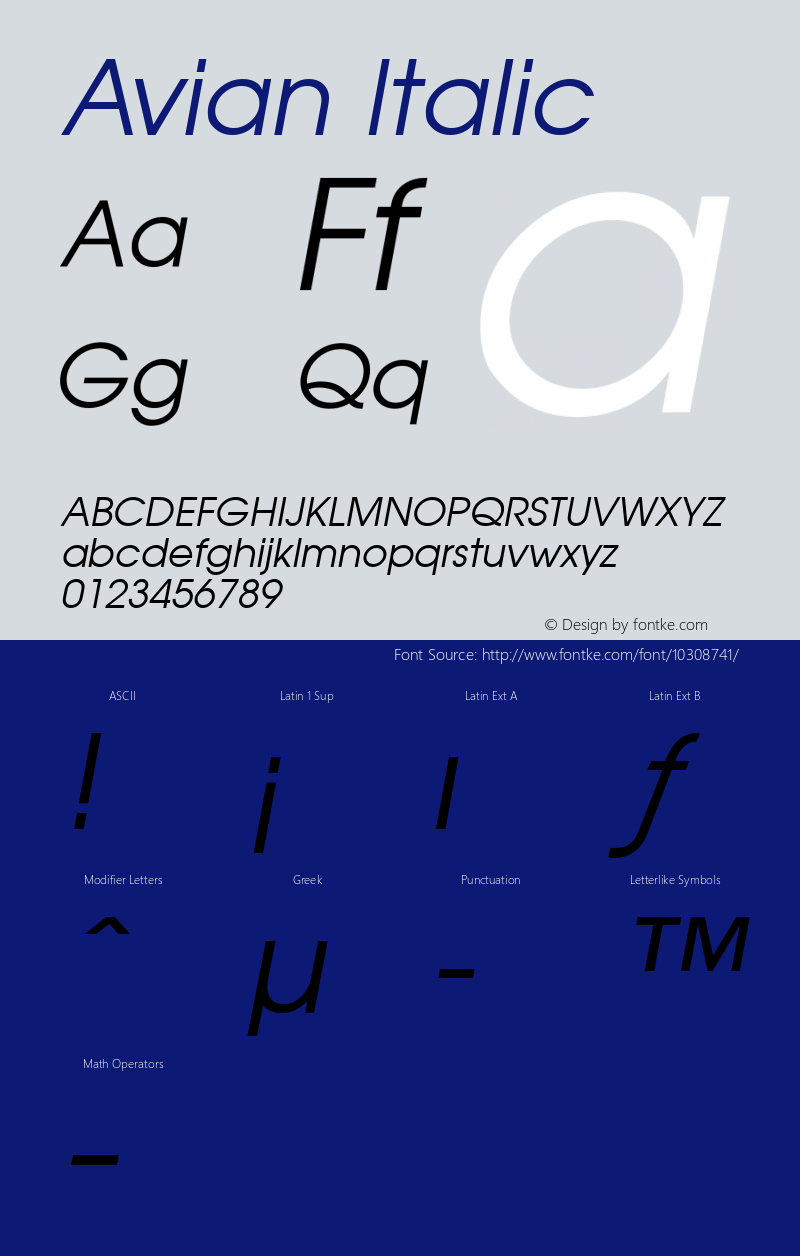 Avian Italic Macromedia Fontographer 4.1.5 5/17/98 Font Sample