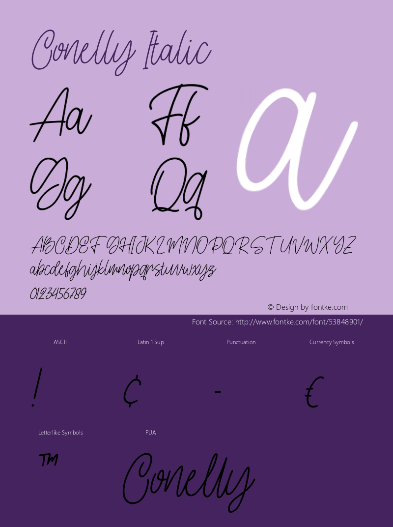 Conelly-Italic Version 1.000;PS 001.001;hotconv 1.0.56 Font Sample