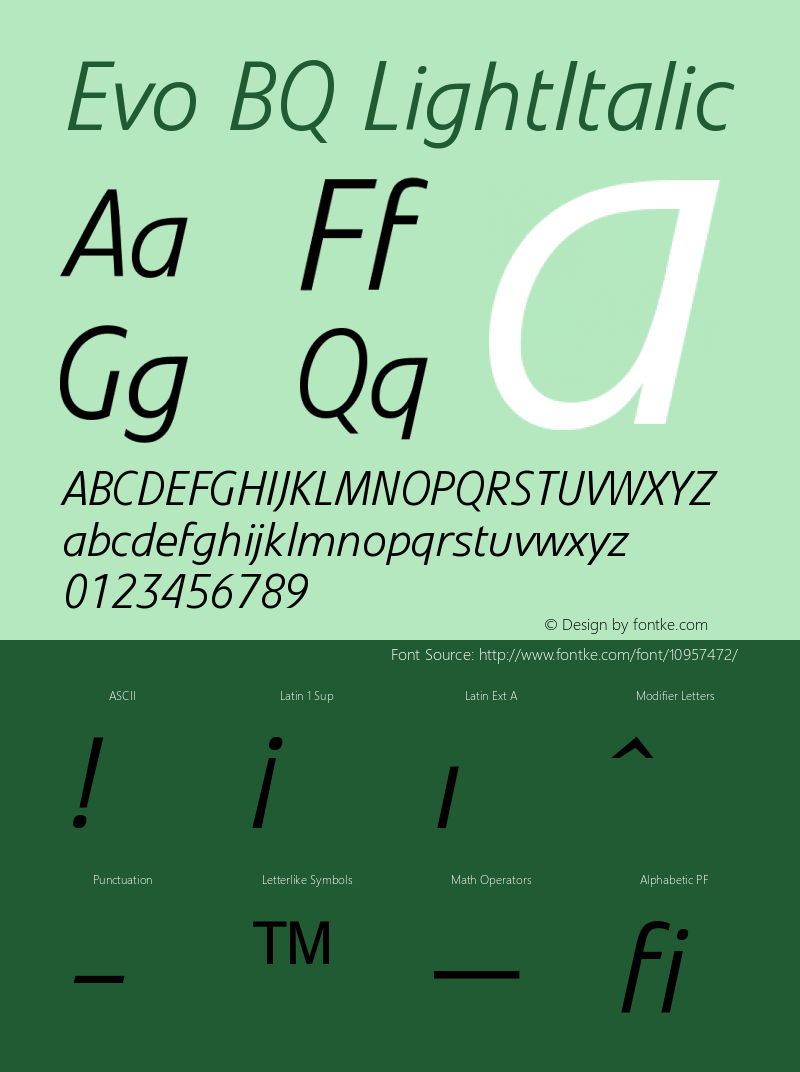 Evo BQ LightItalic Version 001.000 Font Sample