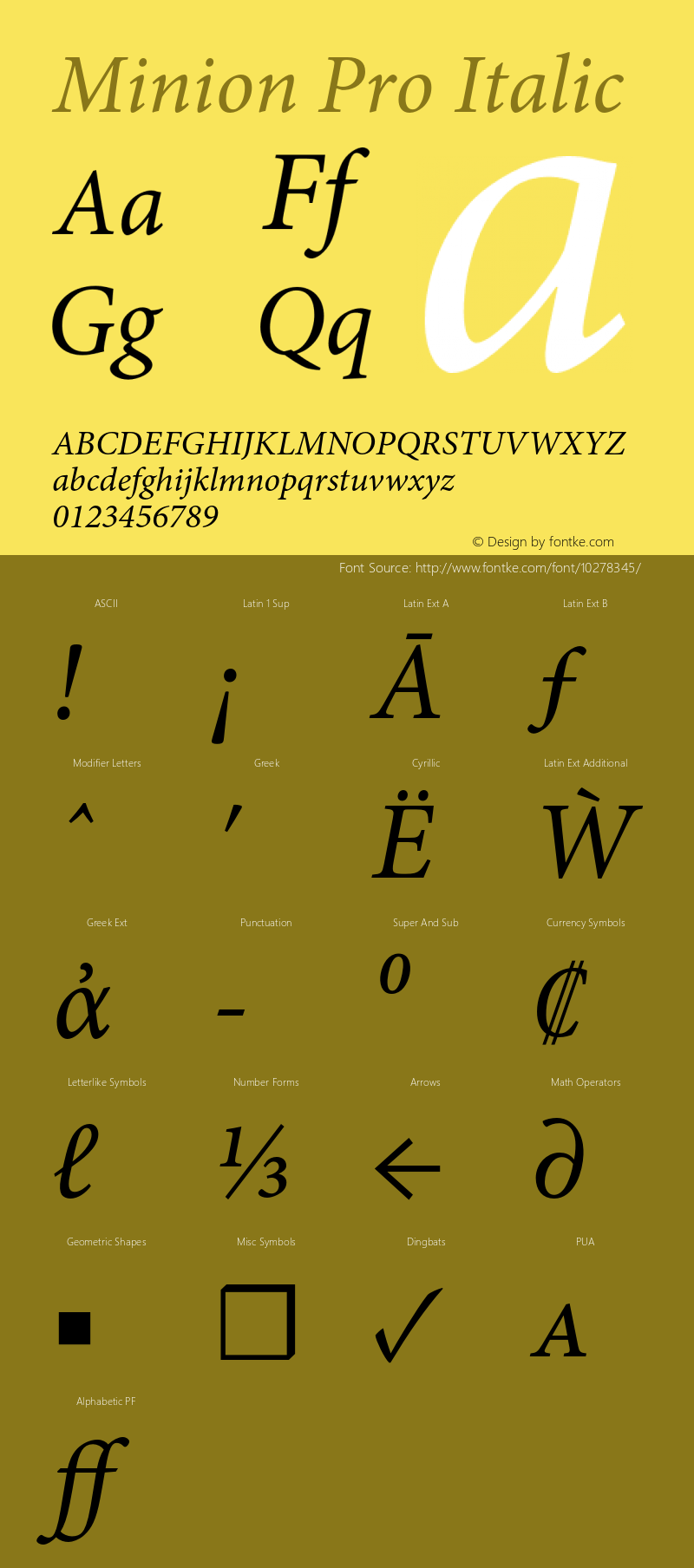 Minion Pro Italic Version 2.068;PS 2.000;hotconv 1.0.57;makeotf.lib2.0.21895 Font Sample