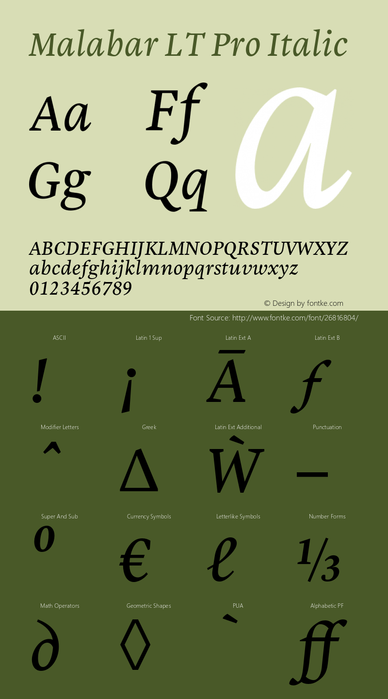 MalabarLTPro-Italic Version 3.000 Font Sample