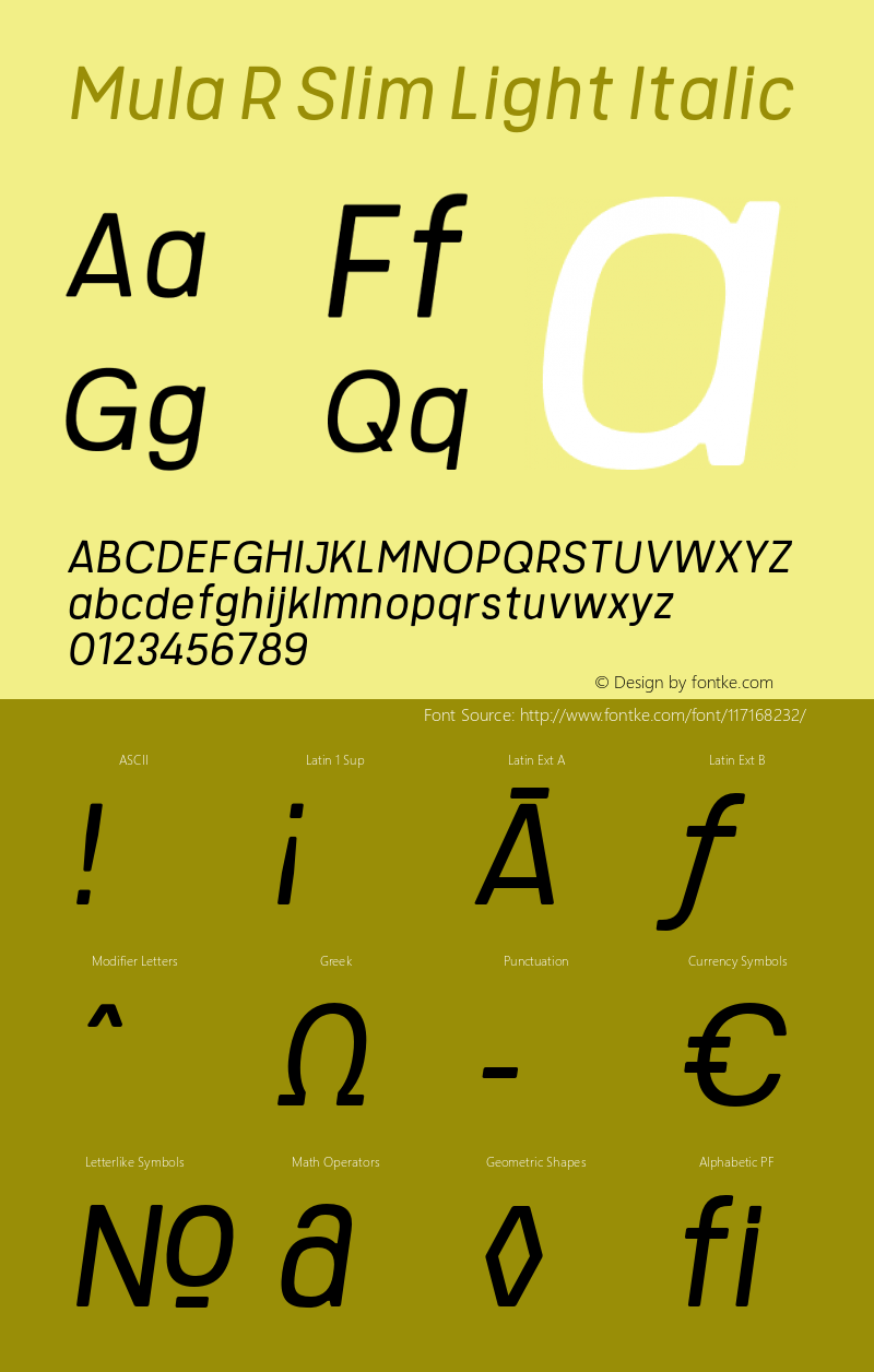 MulaRSlim-LightItalic Version 1.000 Font Sample