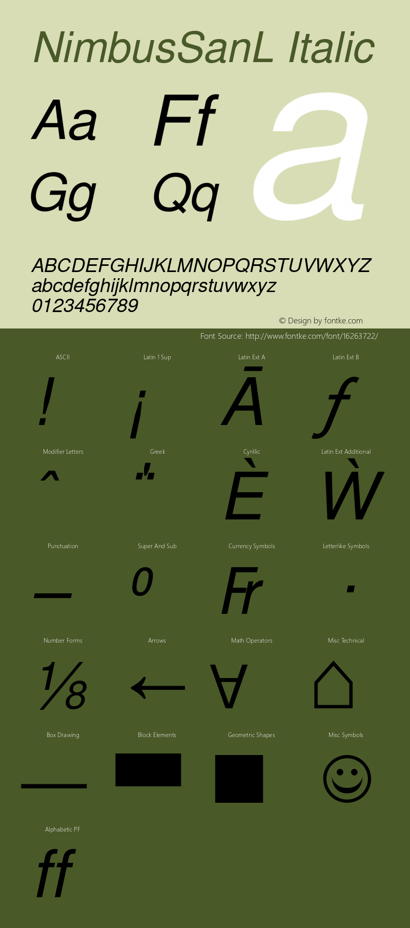 NimbusSanL Italic Version 1.000;PS 1.00;hotconv 1.0.57;makeotf.lib2.0.21895 Font Sample