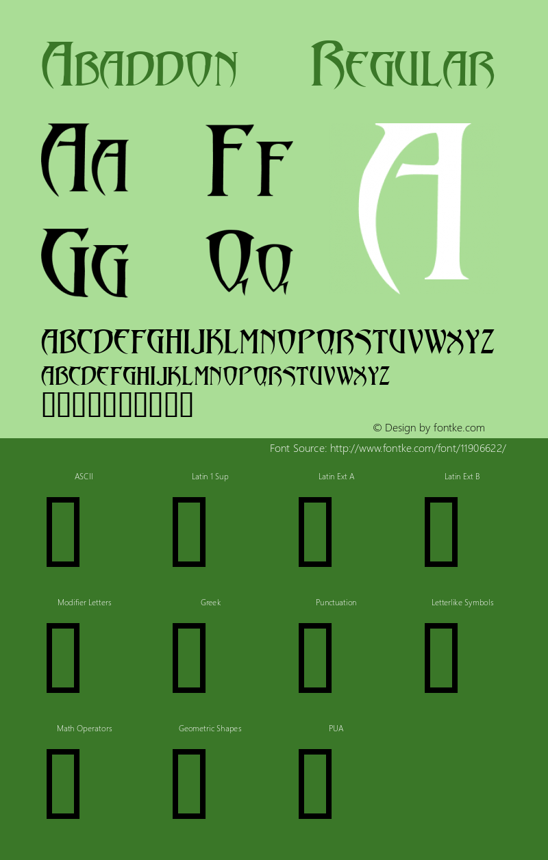 Abaddon™ Regular Altsys Fontographer 4.0 1/4/95 Font Sample