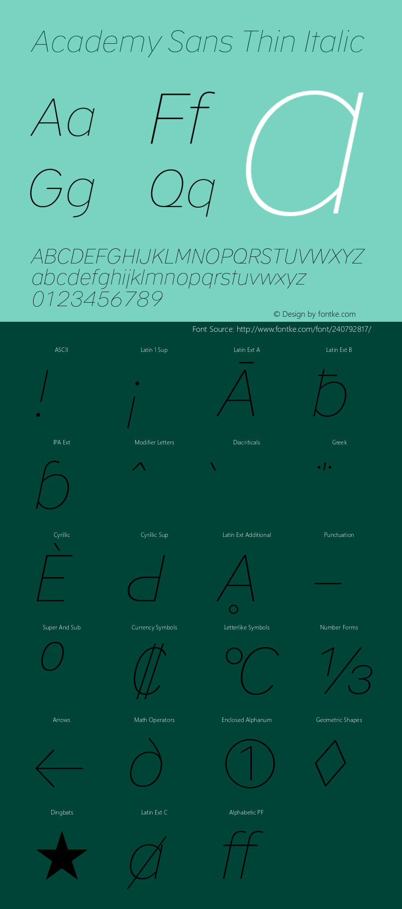 Academy Sans Thin Italic Version 2.001;PS 2.1;hotconv 1.0.88;makeotf.lib2.5.647800图片样张