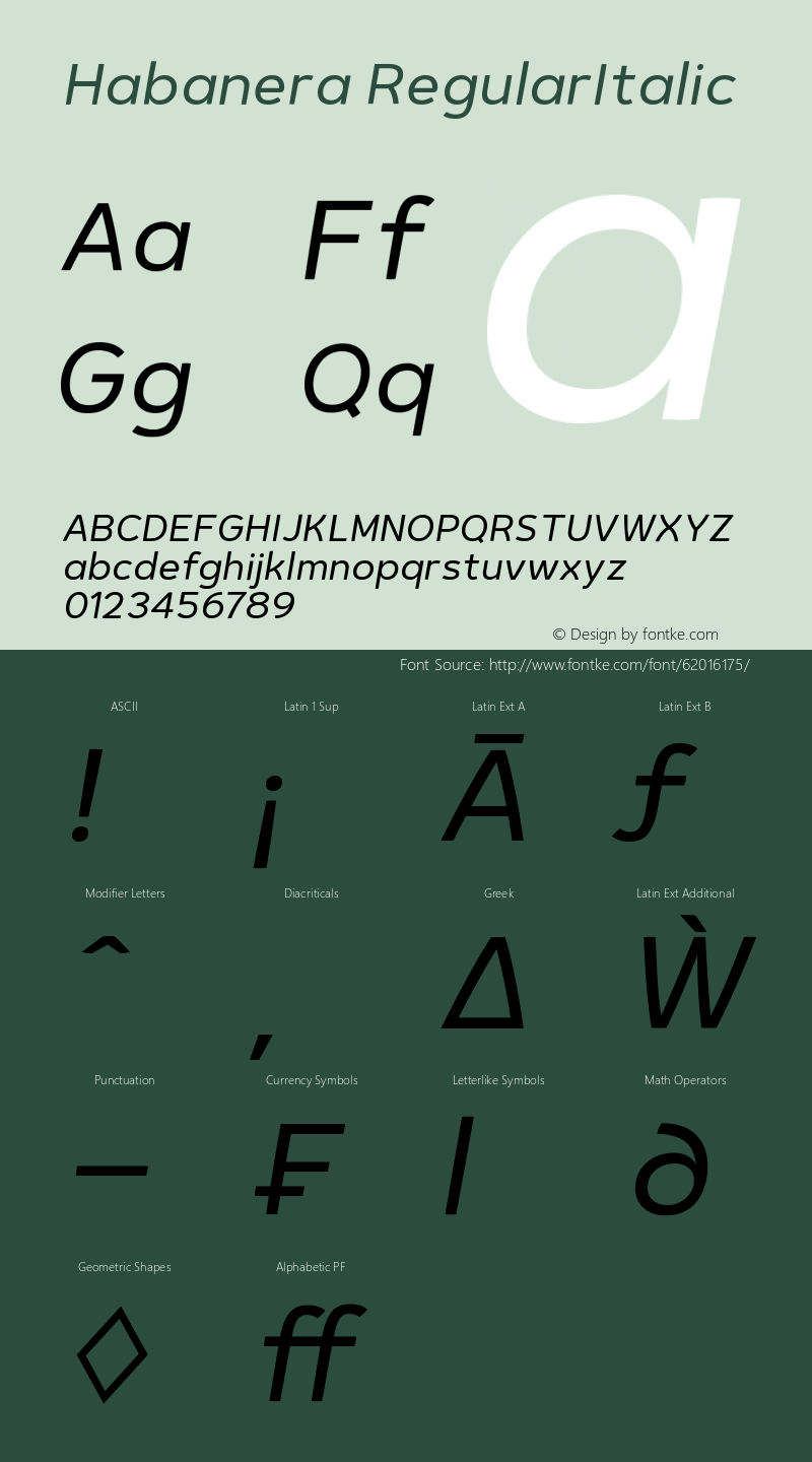 Habanera RegularItalic Version 1.001 Font Sample