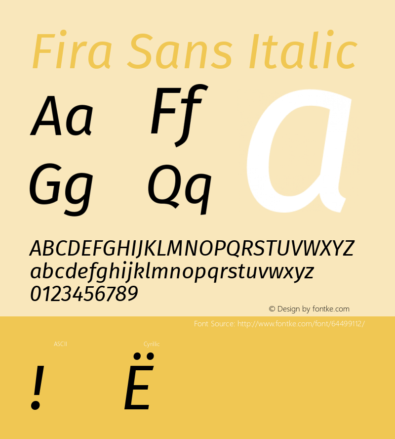 Fira Sans Italic Version 3.106;PS 003.106;hotconv 1.0.70;makeotf.lib2.5.58329; ttfautohint (v1.4.1) Font Sample