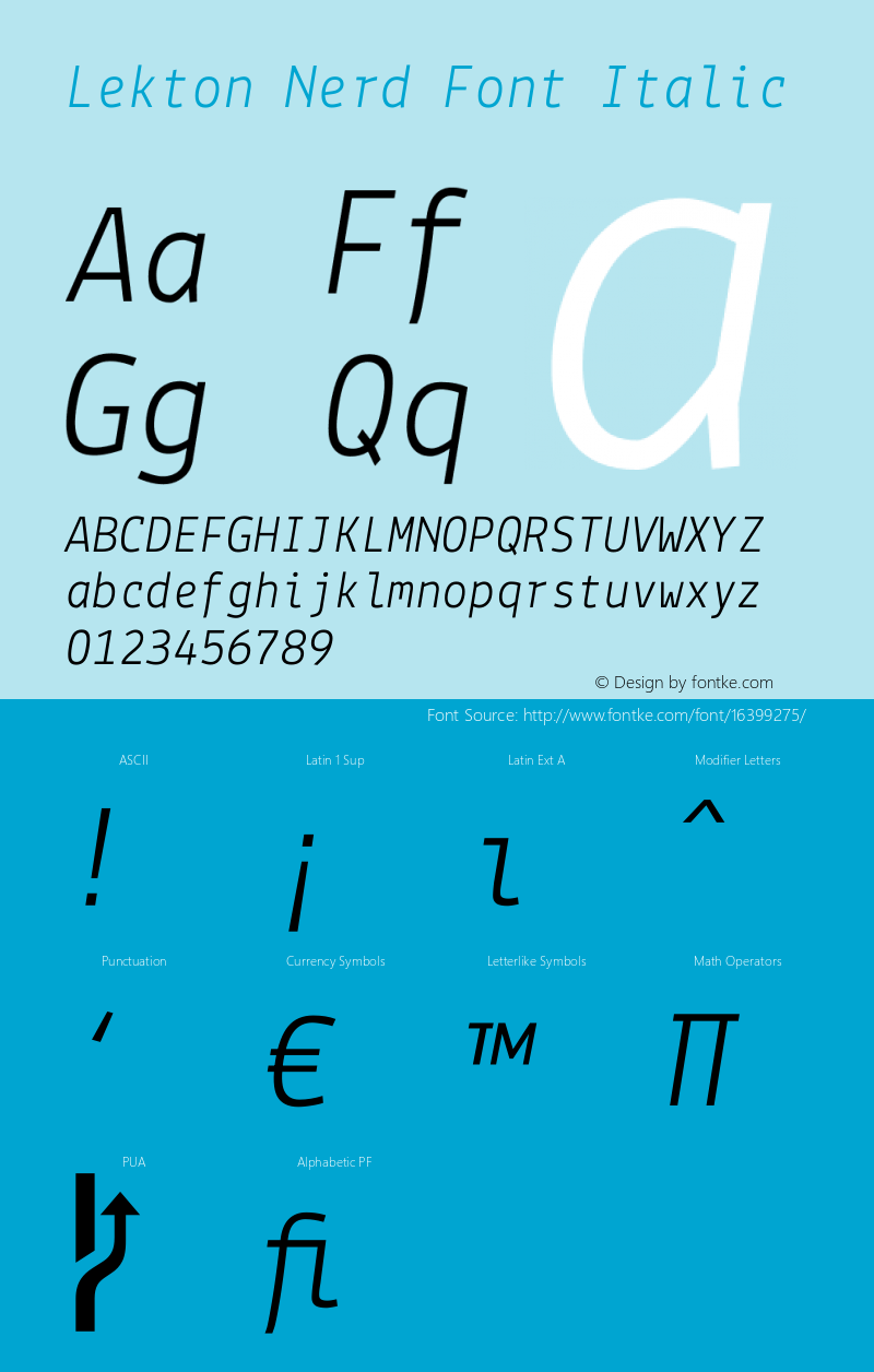 Lekton Nerd Font Italic Version 3.000 Font Sample