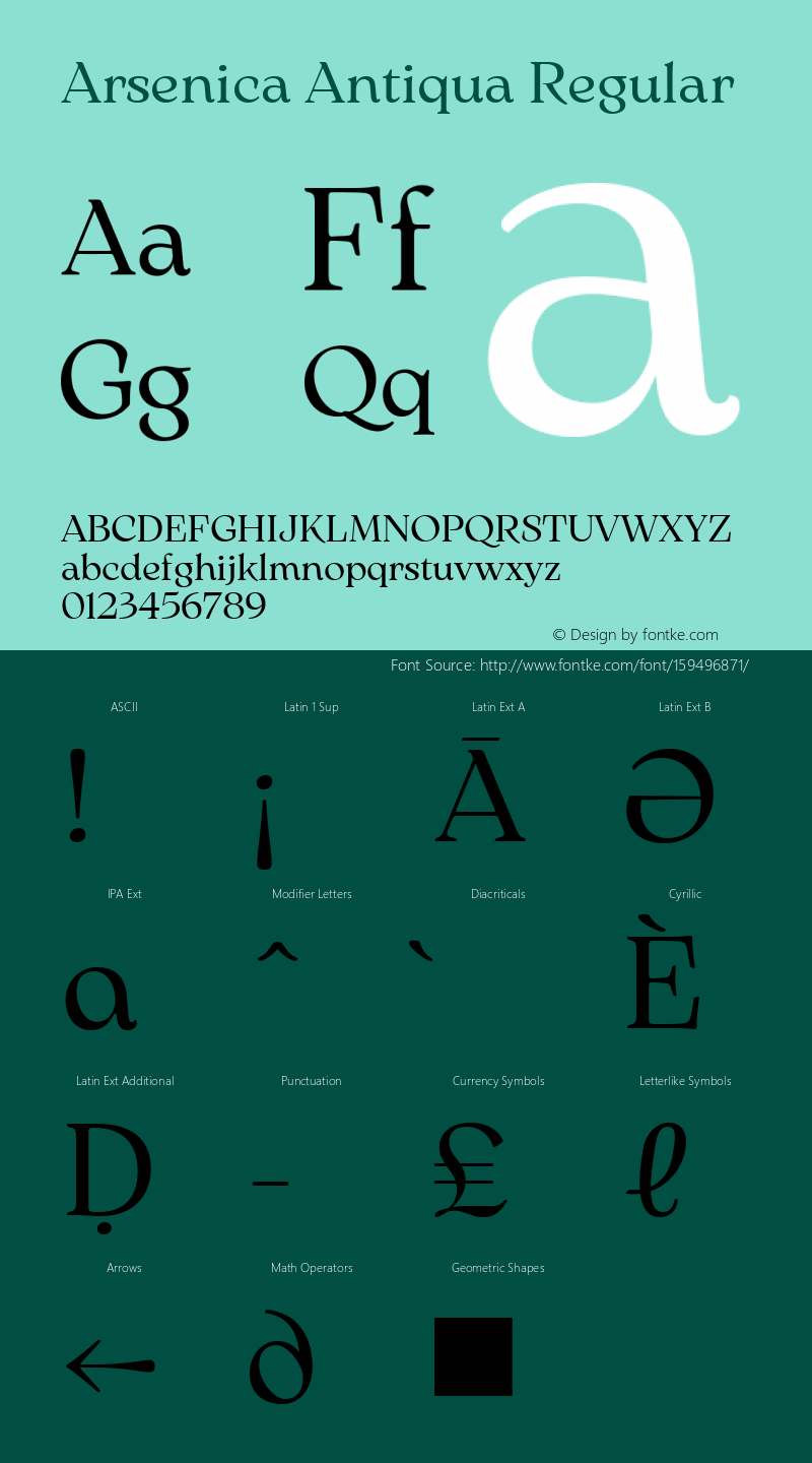 Arsenica Antiqua Regular Version 0.003;hotconv 1.0.109;makeotfexe 2.5.65596 Font Sample