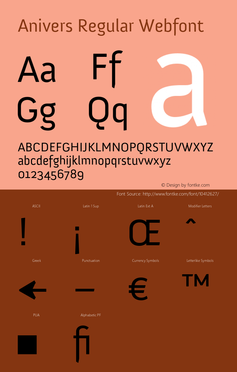 Anivers Regular Webfont  This is a protected webfont and is intended for CSS @font-face use ONLY. Reverse engineering this font is strictly prohibited. Font Sample