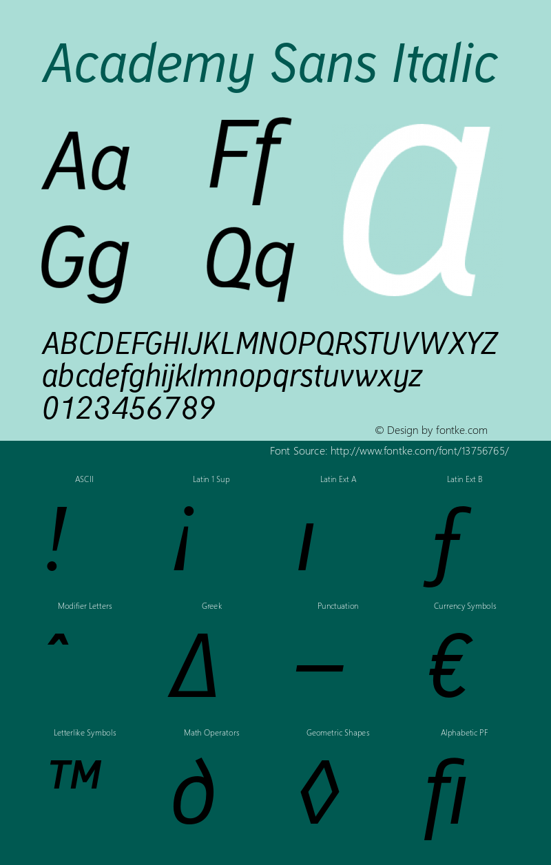 Academy Sans Italic Version 1.001 Font Sample