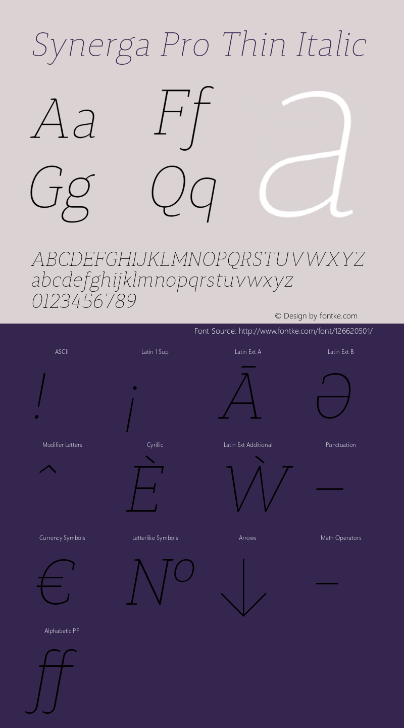 Synerga Pro Thin Italic Version 001.000 Font Sample