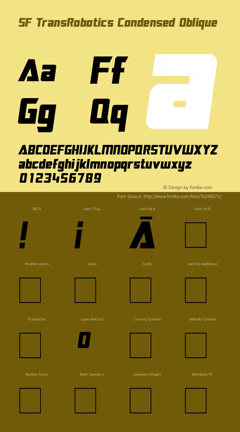 SF TransRobotics Condensed Oblique Version 2.0 Font Sample