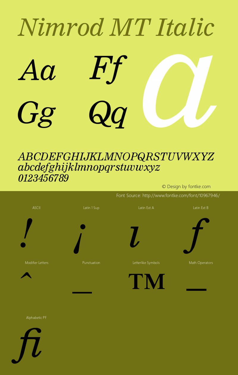 Nimrod MT Italic Version 001.003 Font Sample