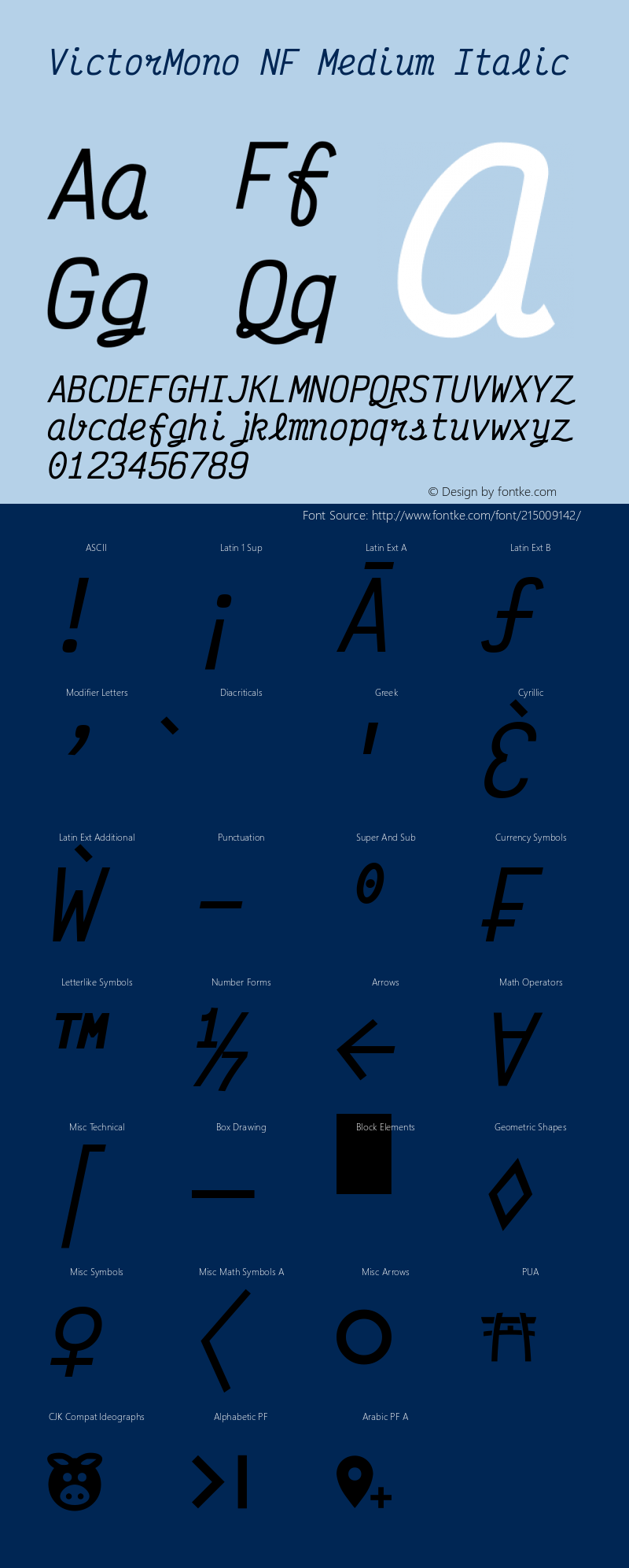 Victor Mono Medium Italic Nerd Font Complete Mono Windows Compatible Version 1.410;Nerd Fonts 2.1.0图片样张