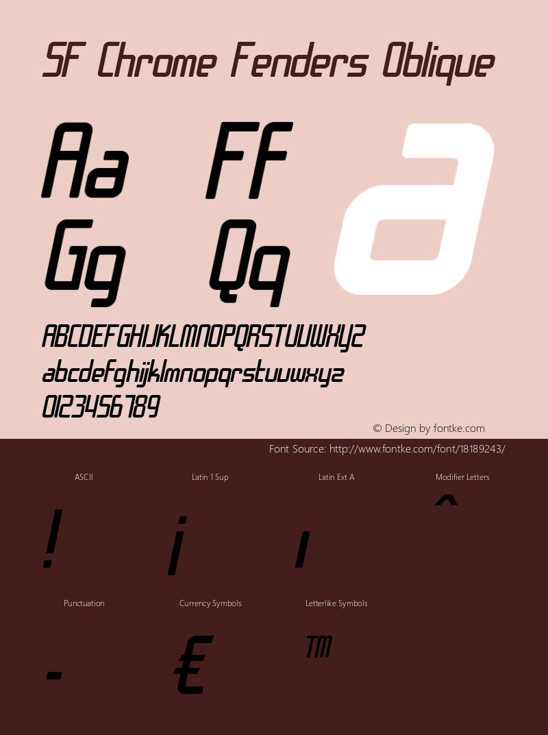 SF Chrome Fenders Oblique ver 1.0; 2000. Freeware for non-commercial use. Font Sample